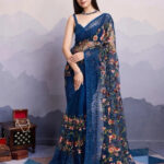 Navy Blue Floral Embroidered Net Saree