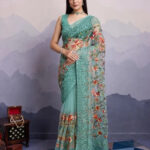 Mint Green Floral Embroidered Net Saree