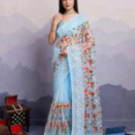 Sky Blue Floral Embroidered Net Saree
