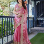 Soft Pink Organza Saree With Gold Border