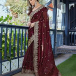 Maroon Organza Saree With Silver Border